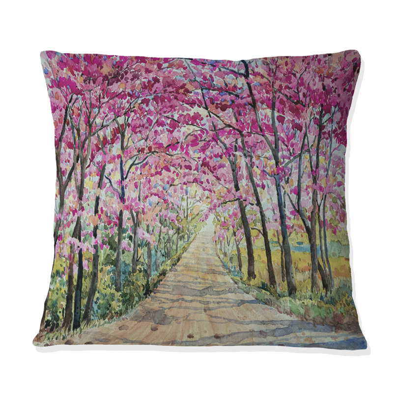 Chemin vers la forêt rose enchantée - coussin traditionnel imprimé, H 16 po x l 16 po, Carré