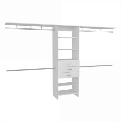 Système de placard réglable l 69-118 po avec 4 tringles de suspension, 5 tablettes, 3 tiroirs | Blanc | Panneau de fibres à densité moyenne
