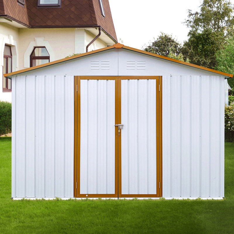 Metal Garden Sheds 10Ftx12ft Outdoor Storage Sheds White, White/Orange