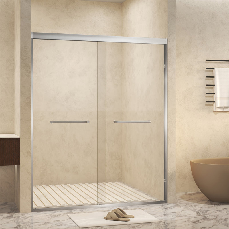 56-60 " X 72" Tempered Glass With Explosion Proof Film, Aluminum Frame Double Sliding Shower Door, "1/4 (6 Mm), Stainless Steel Handle