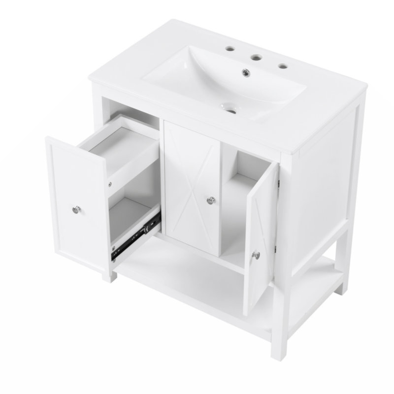 White Ceramic Top Single Sink Freestanding Bathroom Vanity