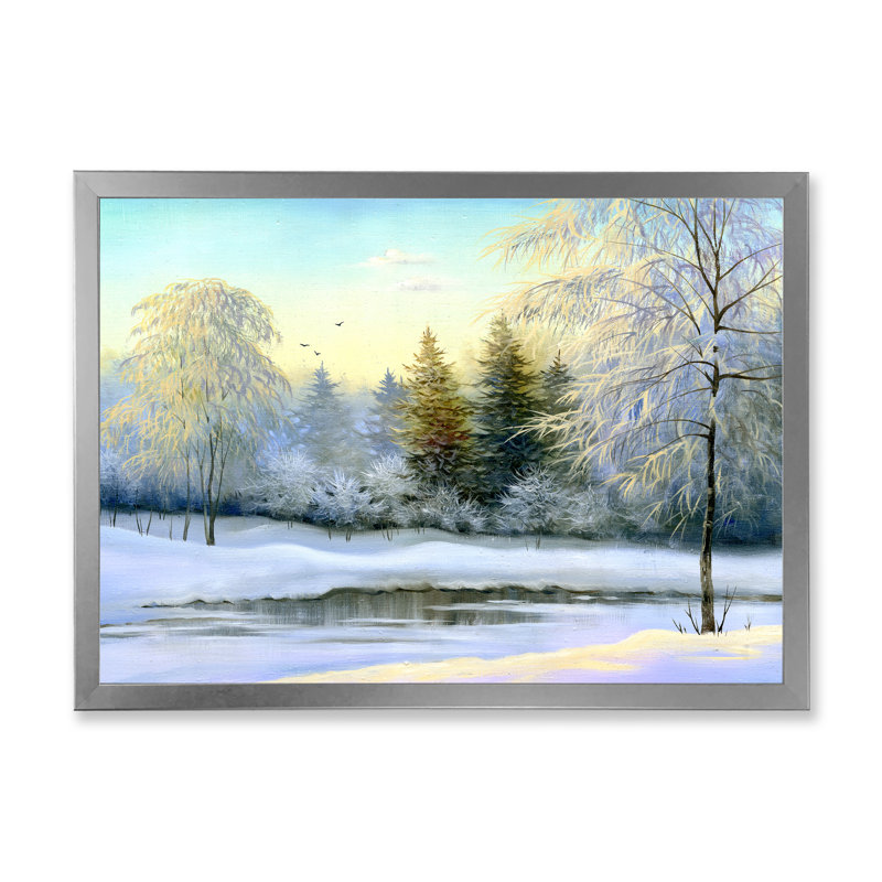 Paysage, arbres verts, peinture sur toile d'hiver, H 30 po x l 40 po x 1,5 po, Cadre photo argenté