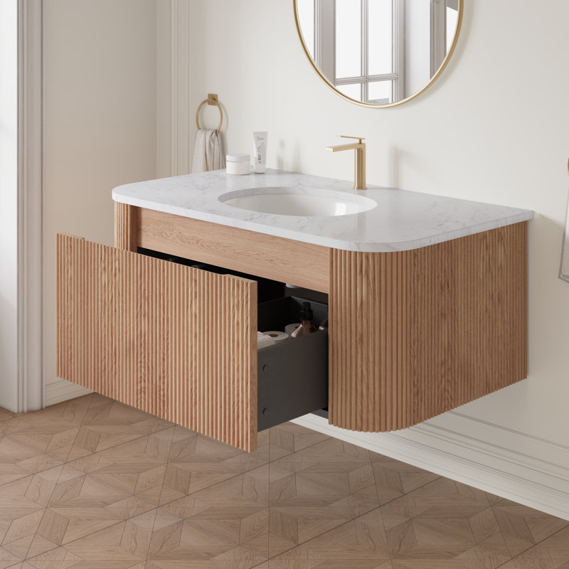 Meuble-lavabo mural 36 po avec comptoir en marbre artificiel Cararra, lavabo en céramique, conception courbée avec rayures, pré-assemblé