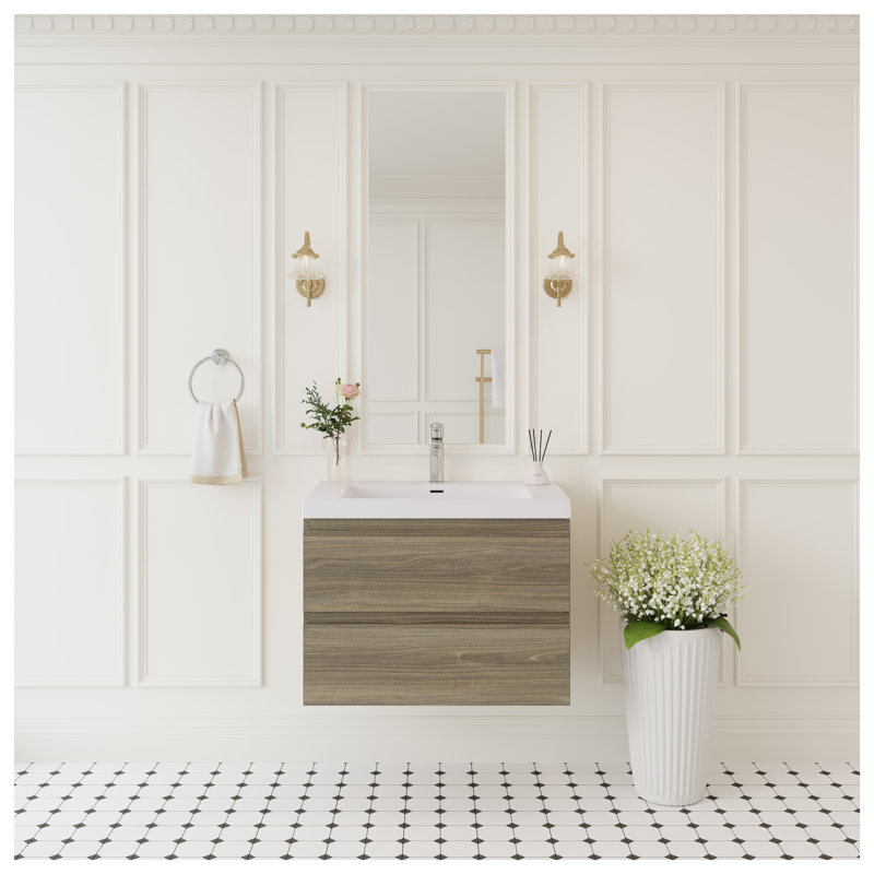 Meuble-lavabo flottant 30 po avec surface solide et tiroirs à fermeture en douceur, gris cendré