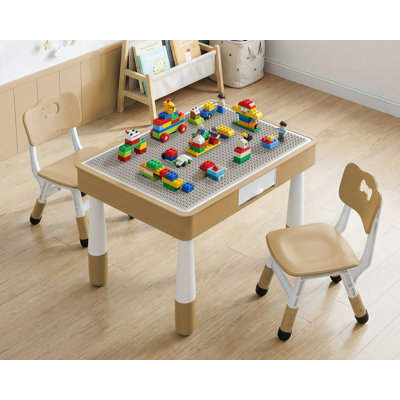 Kids Table And 2 Chairs Set, 4 In 1 Toddler Table And Chair Set For Kids Ages 3-10, Double-sided Graffiti/building Blocks Activity Tabletop With 2 Drawers For Drawing/playing/reading(yellow)