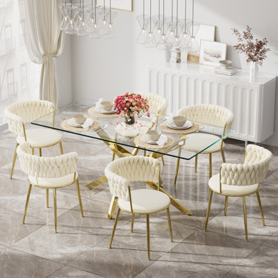 Clear Rectangle Pedestal Dining Set with Weaven Velvet Dininig Chair