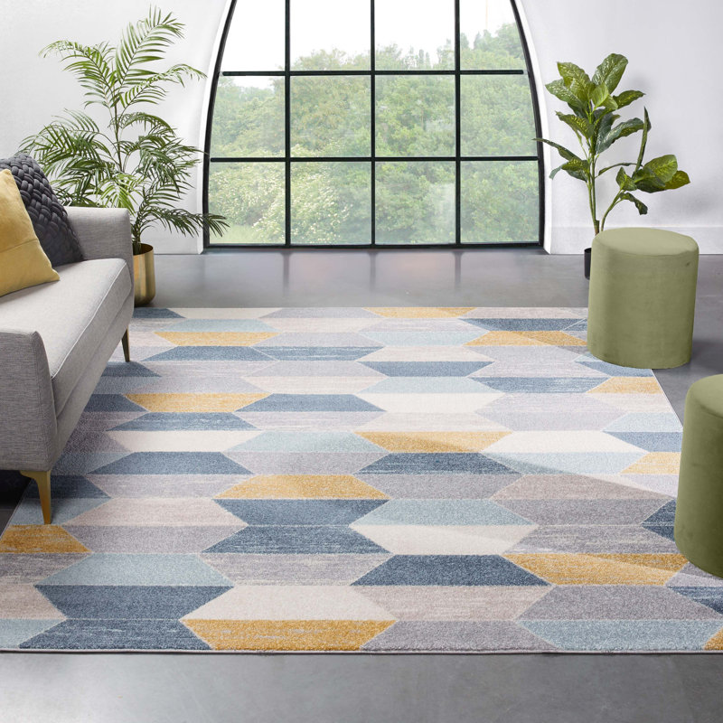 Bungalow Rose Espey Geometric Blue/Grey/Gold Rug