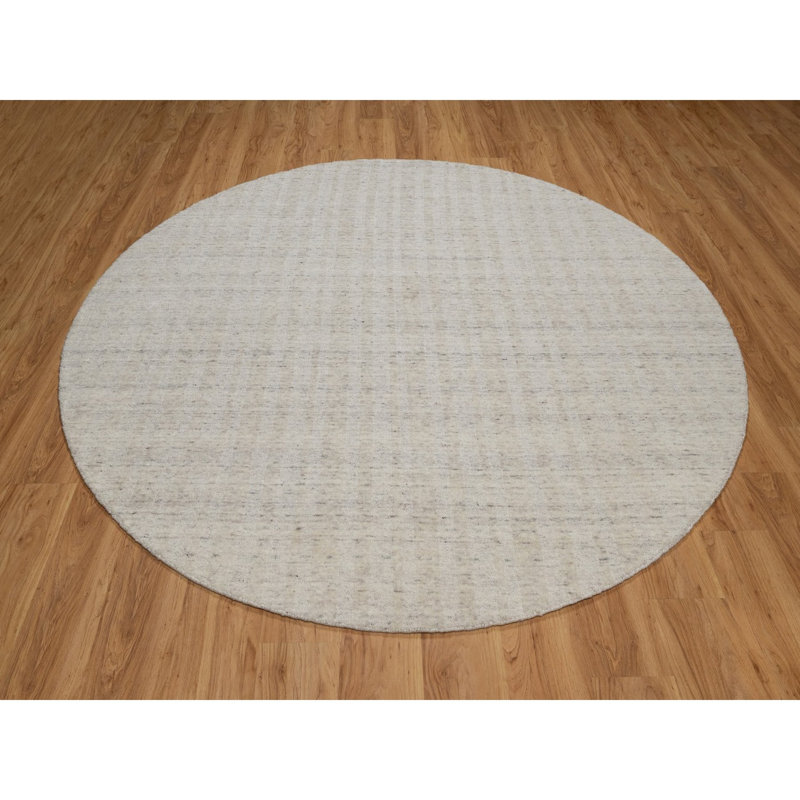 Tapis oriental blanc en mousseline de soie 8 pi x 8 pi à rayures verticales effet sel et poivre, tissé à la main, rond