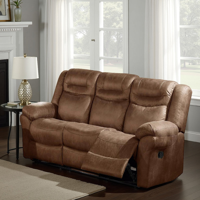 Deneta Upholstered 86'' Reclining Sofa, Brown Faux Leather, Power