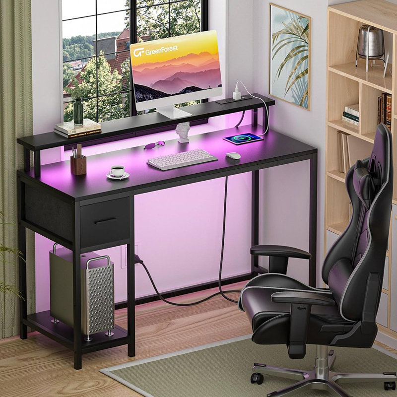 Bureau de jeu 39 pouces avec lumières à DEL et support pour écran, bureau d'ordinateur avec tiroir pour petits espaces, bureau avec prises de courant et tablette, noir