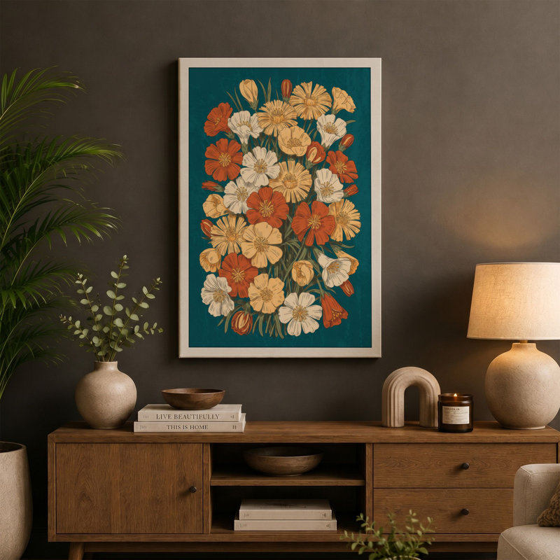 Teal Abundance Botanical 1 Piece Wrapped Canvas Wall Art, 18x12 - 45.7 x 30.5 cm, Taupe Border