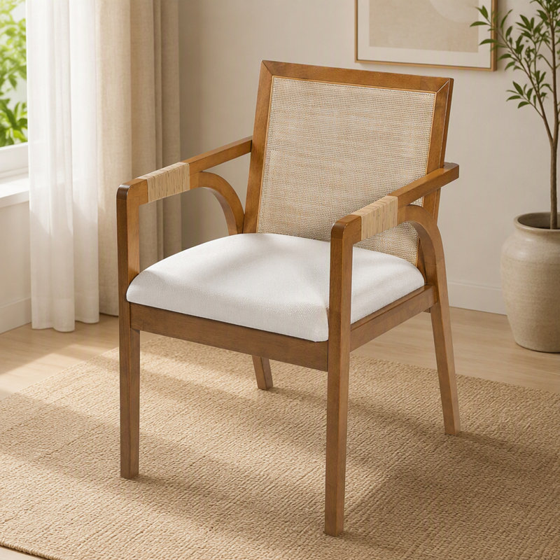 Ensemble de 2 chaises de salle à manger avec dossier en textilène et décor en rotin en PE