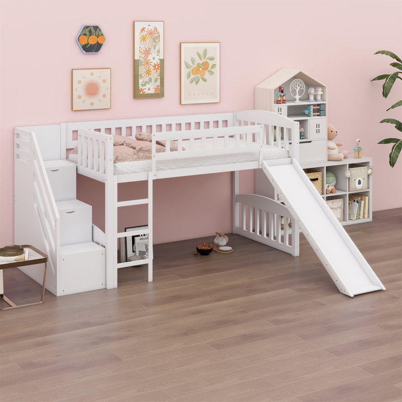 Lit mezzanine avec escalier et glissade, blanc