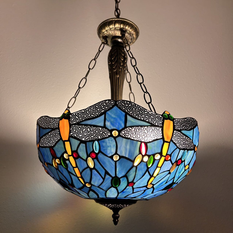 Luminaires suspendus Sroka Tiffany avec libellules en verre coloré bleu l 16 po x P 16 po x H 60 po
