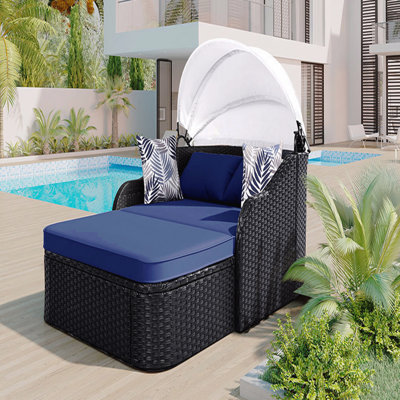 Lit de bronzage d'extérieur 79,9 po avec auvent réglable, lit double, lit de repos en rotin Pe, osier noir et coussin bleu