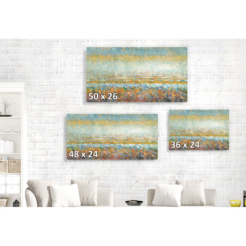 Abstact Rains Over A Lake Meadow, coloré, doré, jaune, rouge, bleu, orange, H 24 po x l 36 po x P 1,5 po