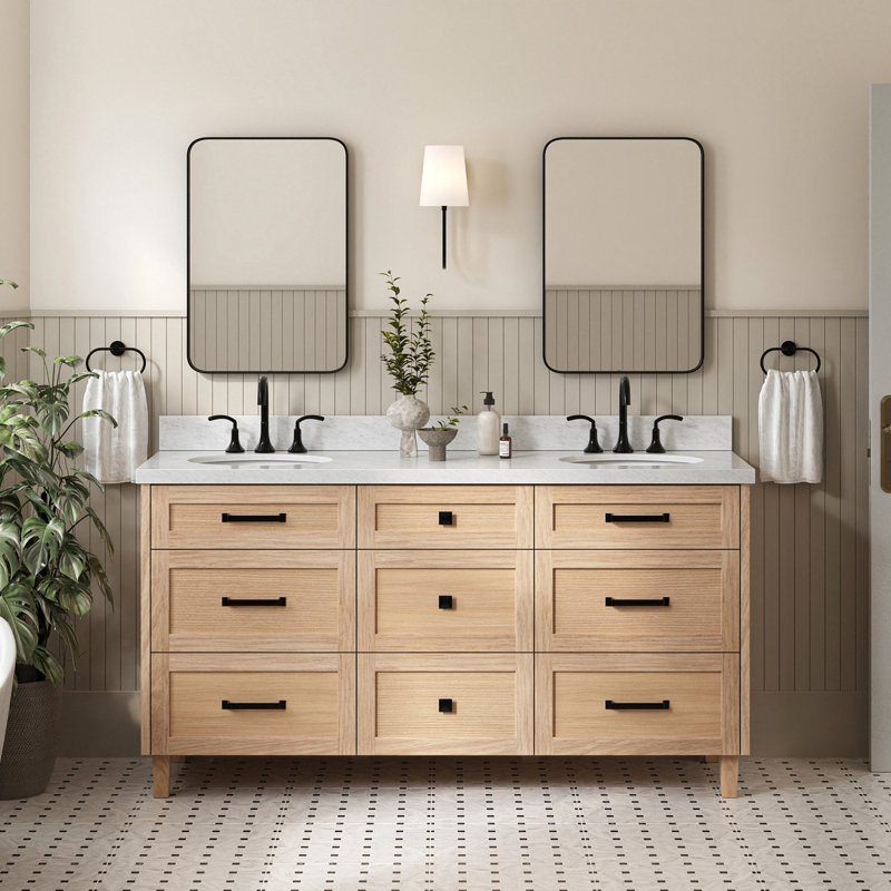 Ariel Monrow 67 Inch Double Oval Sink Bathroom Vanity With Italian Carrara Marble Countertop, Oak