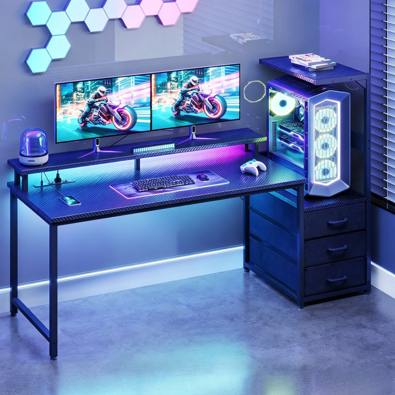 Nellie 59"W Gaming Desk With Monitor Stand &  Cpu Stand,Computer Desk With Power Outlet & RGB LED Lights,Home Office Desk With Storage Drawers