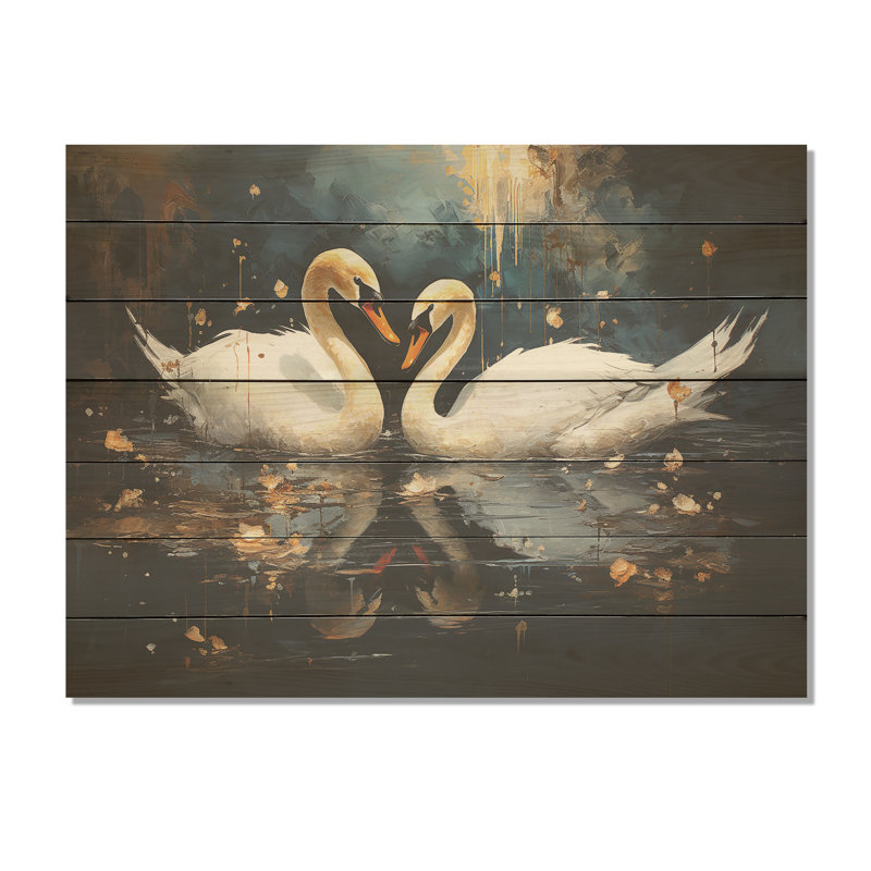 Cygnes blancs Harmony Moonlight Pond III - cygne sur bois, H 34 po x l 44 po