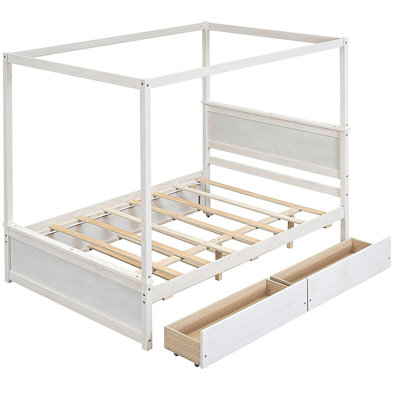 Solid Wood Canopy Bed with Wheels and Two Drawers, Full Size Canopy Bed Platform with Support Rails. No Bed Box Required, Brushed White.