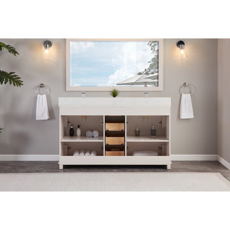 60" Solid Wood Sink Vanity  With 1' Artificial Stone Top, Dreamy White