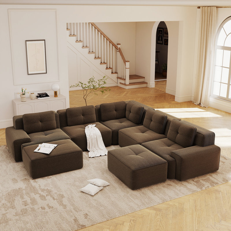 Ensemble de salon modulaire en velours côtelé 5 places avec 2 repose-pieds, sièges profonds, canapé d'angle capitonné, brun chocolat