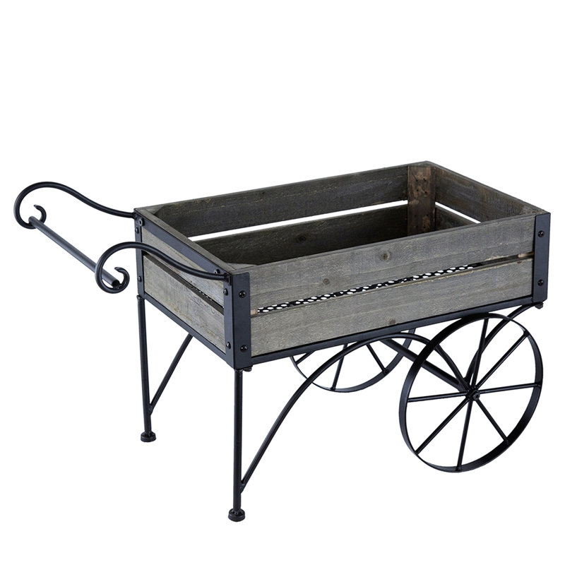Rustic Black Trolley Cart Plant Stand With Wheels And Pine Wood Sections, 24.4X12.6X15.4 Inches, 9.9 Lbs, Decorative Touch Antique Brown Planter Two Back Legs Curved Handle, Lbs