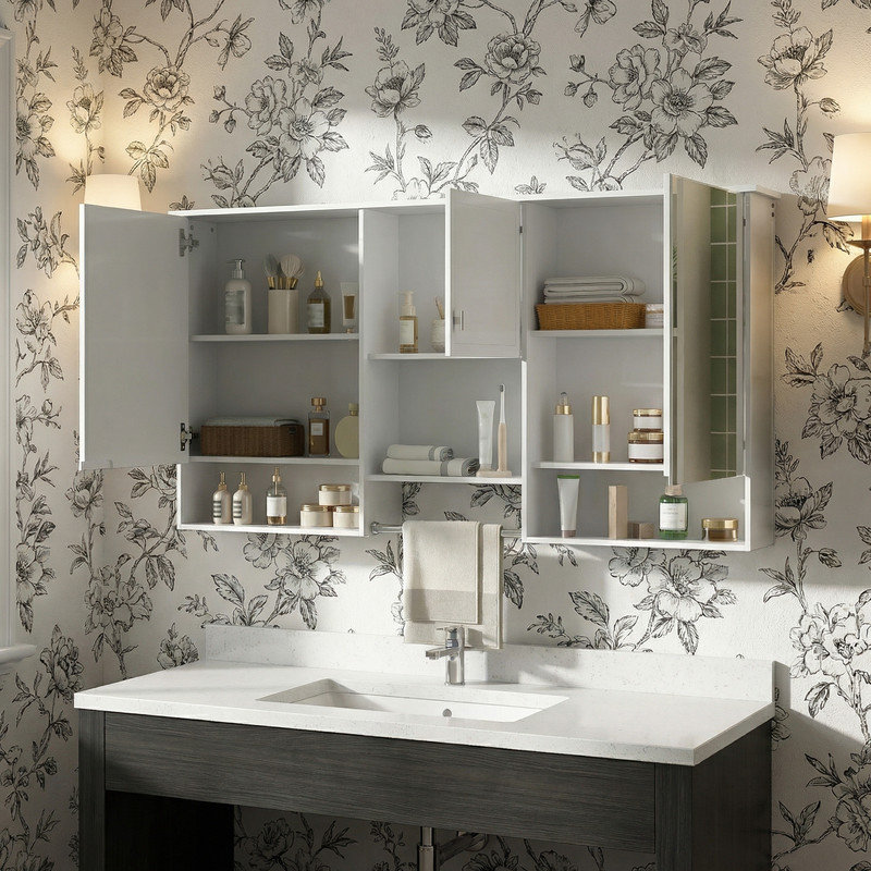 Armoire à miroir 55 po 3-en-1 à fixation murale 55 po avec tablette réglable et charnières à fermeture en douceur