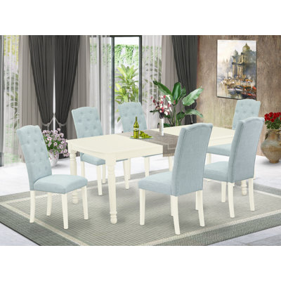 7 Piece Kitchen Table & Dining Chairs Set Consist of a Rectangle Butterfly Leaf Dining Table and 6 Baby Blue Linen Fabric Parson Chairs, Linen White