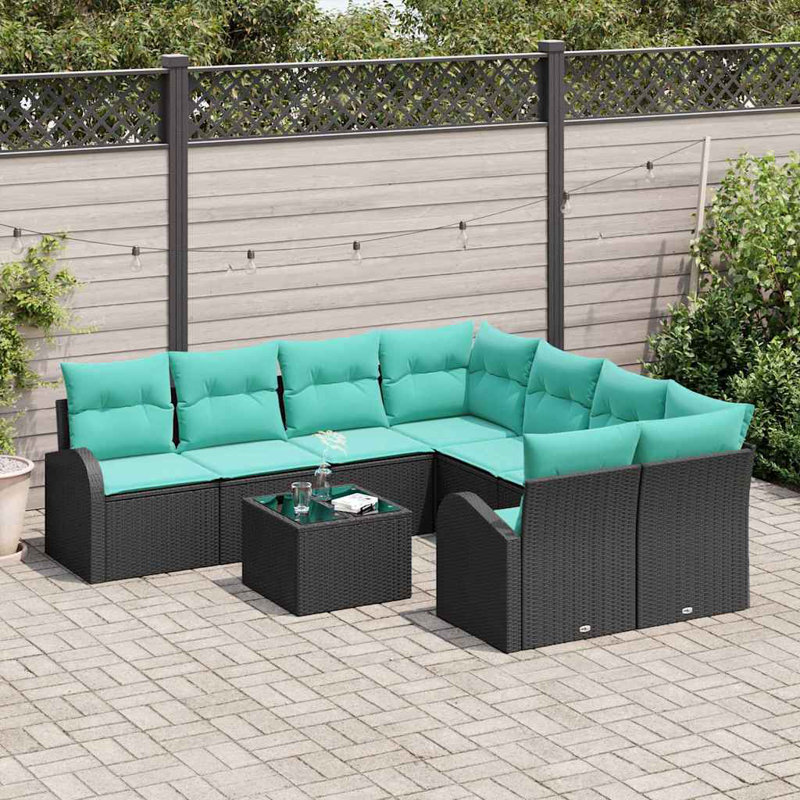Ensemble de canapé de jardin Vidaxl 9 pièces noir et turquoise 55 x 55 x 37 cm, Coussin bleu / cadre noir
