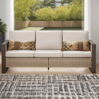 Canapé d'extérieur 3 places en osier de patio avec assise profonde, dossier haut, structure en acier et coussin antidérapant