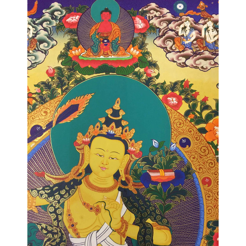 Manjushri (Thangka sans brocart) | Or pur 24 carats, gouache et acrylique sur toile de coton