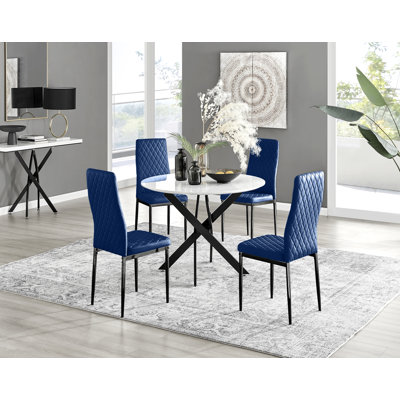 Tierra Modern Chrome Metal & Glass Round Dining Table Set with 4 Quilted Velvet Chairs