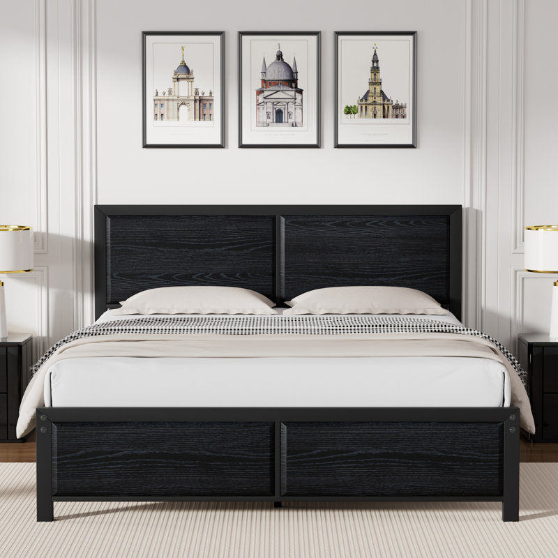 Structure de lit Kempst pleine grandeur en métal noir avec tête et pied de lit en bois, lit plateforme rustique avec support à lattes en acier robuste, aucun sommier requis