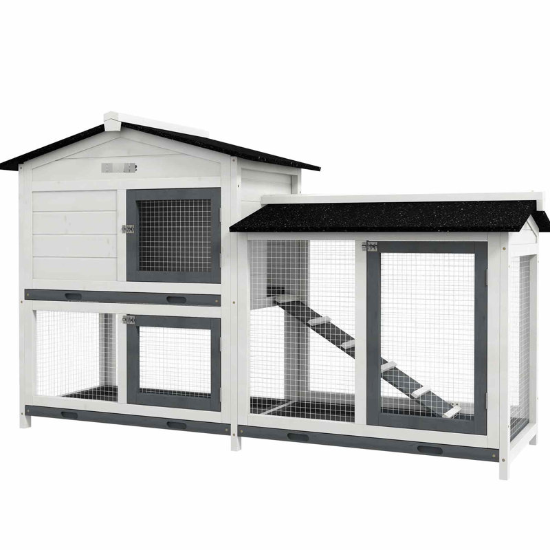 Lapin en bois blanc 62 po, avec aire de jeu et rampe, facile à nettoyer, construction, portes verrouillables, maison de cochon d'Inde 62 po, surface, toit