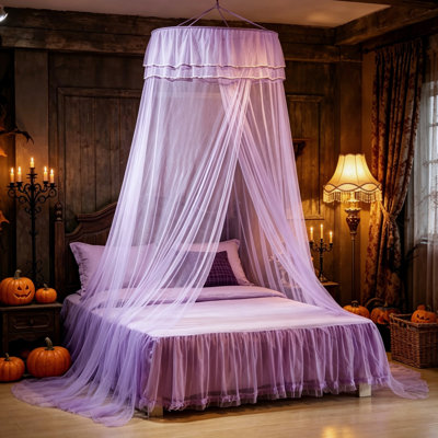 Ensemble de 2 auvent de lit Dome Princess avec double bordure en dentelle, filet respirant en filet de polyester respirant, conception de cerceau pliable, s'adapte aux grands lits très grands, montage au plafond facile pour une décoration de chambre romantique