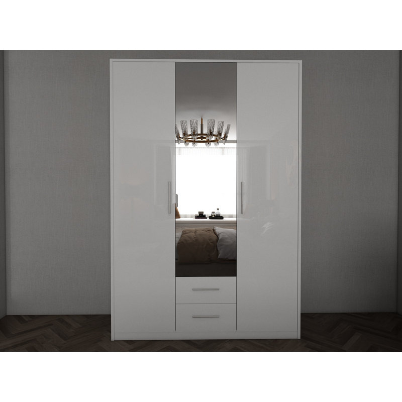 Pamel 3 Door Manufactured Wood Wardrobe, 199 H x 135 W x 58 D cm, Gloss White