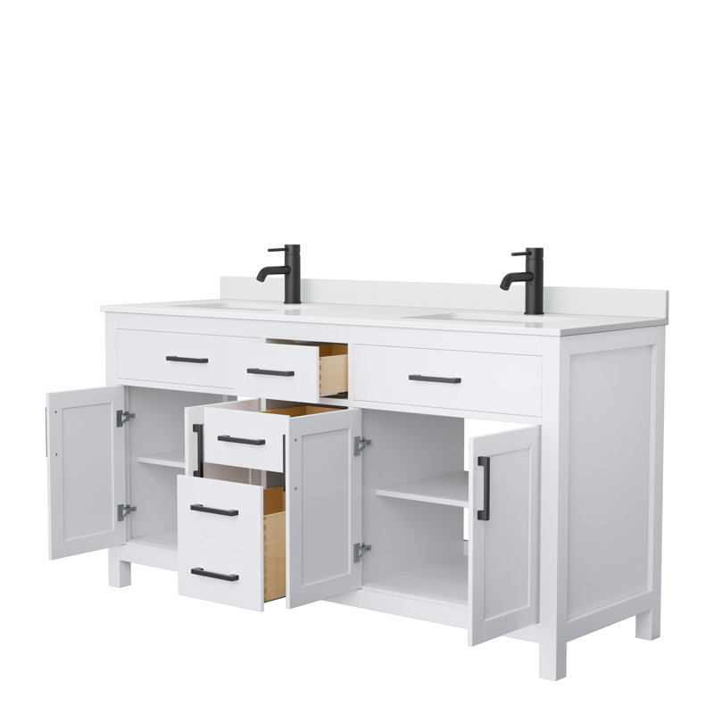 Beckett 66" Freestanding Double Bathroom Vanity with Cultured Marble Top, White Cultured Marble, Matte Black, White