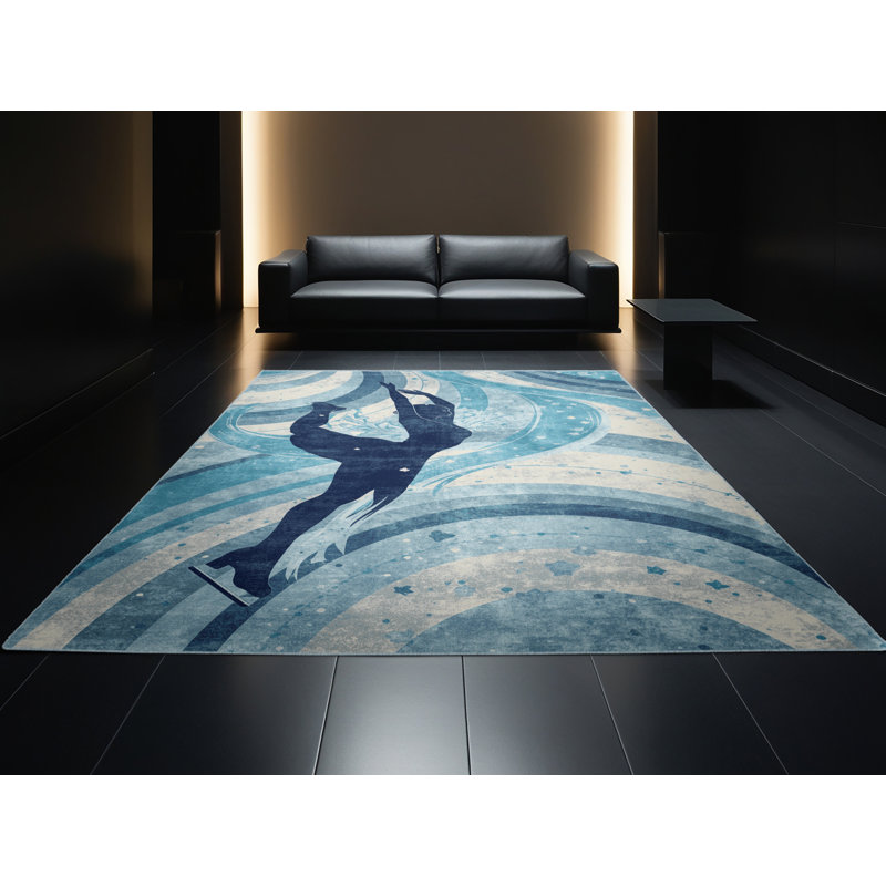 Machine Washable Medford Skating Ice Figure Posh & Luxe Arc Rug in Blue – SkyBlue Binding, 4x6