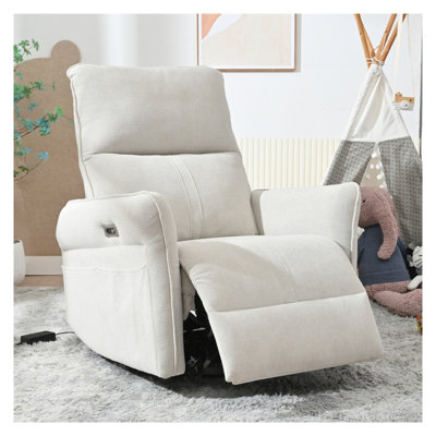 Chaise berçante inclinable électrique pivotante 270 ° avec poches latérales, fauteuil oscillant électrique pour salon et chambre de bébé, tissu gris clair