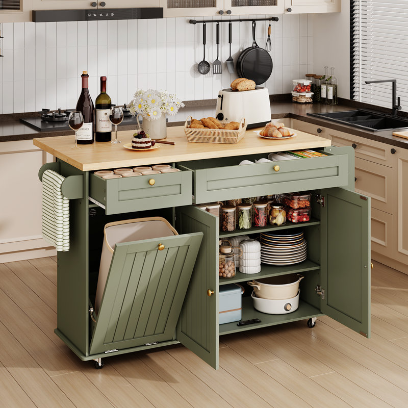 Jamera 60.2"W Kitchen Island with Two Large Storage Cabinets And Drawers, Locking Wheels, Oak/Green