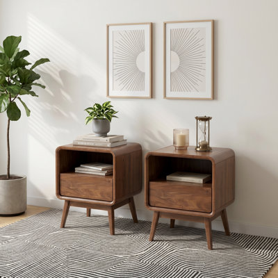 MCM Set of 2 Solid Wood Nightstand With 1 Drawer and Open Shelf