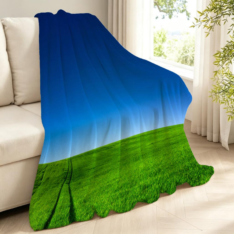 Jeté en molleton bleu flanelle ultra doux, imprimé rectangle vert gazon, Jeté 40 po x 50 po