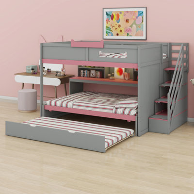 Lit superposé multifonctionnel avec escalier, lit gigogne et tablettes de rangement, DEL