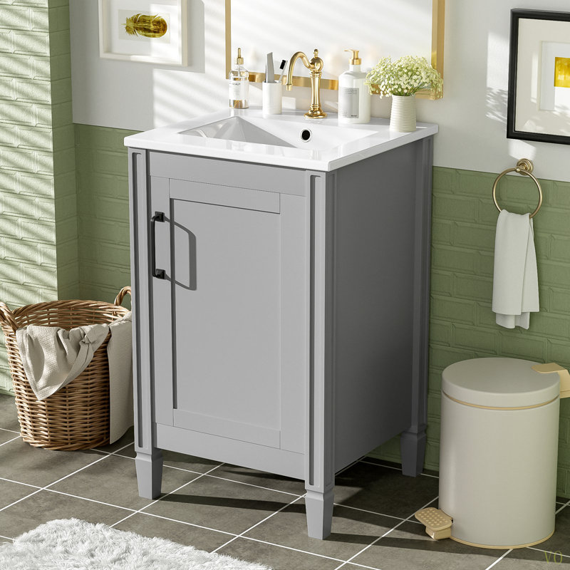 Meuble-lavabo de 20 po avec lavabo en céramique, porte à fermeture douce, tablette réglable en forme de U, support de rangement pour porte, armoire autoportante moderne pour les petites salles de bain