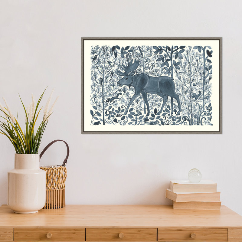 Reproduction d’art sur toile, "Forest Life VI Moose" par Miranda Thomas, Cadre gris délavé