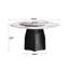 Table de salle à manger ronde 58,73 po avec dessus en pierre frittée et base en bois noir, 6 à 8 places, table tournante blanche 31,5 po, table, bois massif texturé, disque