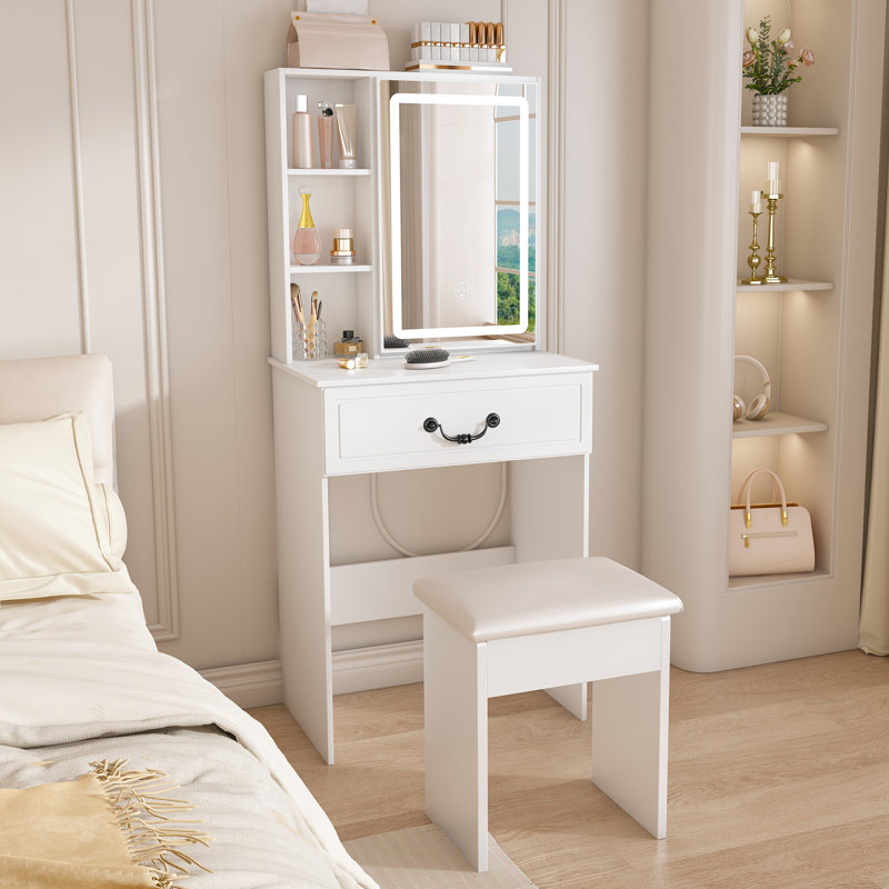 Makeup Vanity Dressing Table with Adjustable LED Lighted Mirror and padded stool