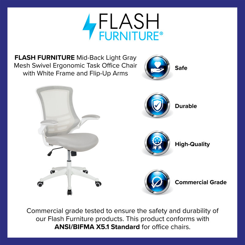 Mid-Back Mesh Swivel Ergonomic Task Office Chair with Flip-Up Arms, Grey, White