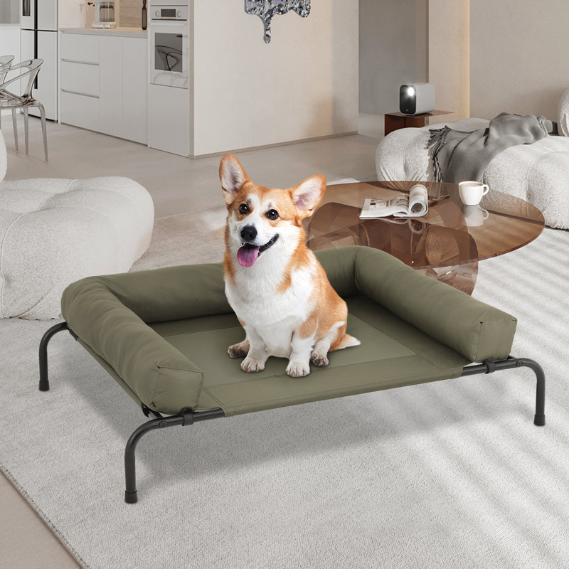 Portable Elevated Pet Bed Dog Cot Bed With Removable Bolster, Extra Small (35.5" W x 25.5" D x 7.5" H), Dark Green